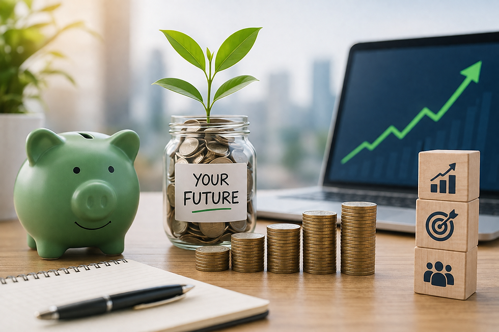 Piggy bank, growing plant in a jar of coins, stacked coins, and laptop displaying an upward investment chart representing beginner investing, wealth building, and long-term financial growth.