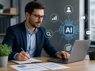 AI for B2B marketing shown as a business professional using a laptop with AI-powered marketing and analytics tools.