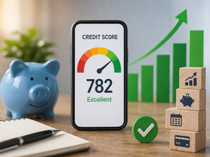 Smartphone displaying an improving credit score beside a piggy bank, notebook, and upward financial growth chart, representing strategies to improve credit score and build better financial health.
