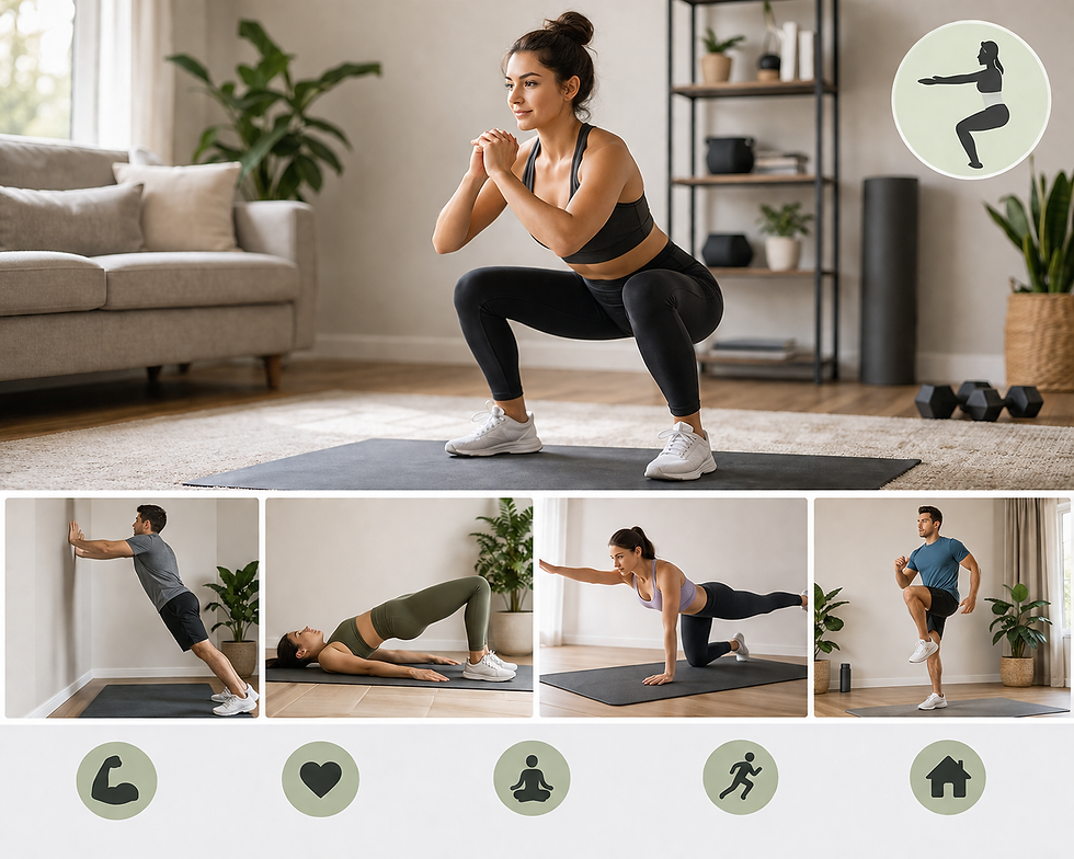 Best home workouts for beginners featuring simple no-equipment exercises in a bright home workout space.