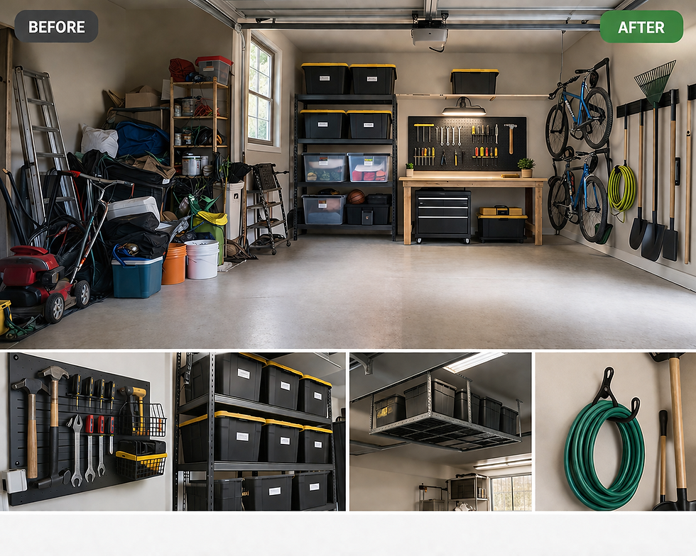 Organized garage with DIY shelves, wall-mounted storage, labeled bins, tools, and equipment arranged to maximize available space.