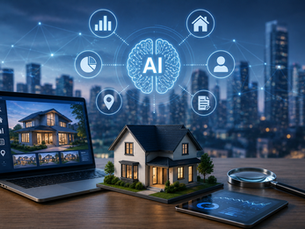 Laptop displaying a property listing beside a model house, tablet with analytics, and AI interface representing artificial intelligence in real estate and property investment