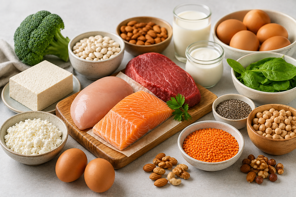 Assortment of high-protein foods including chicken breast, salmon, lean beef, eggs, tofu, cottage cheese, lentils, chickpeas, beans, spinach, yogurt, milk, and mixed nuts arranged on a kitchen countertop.