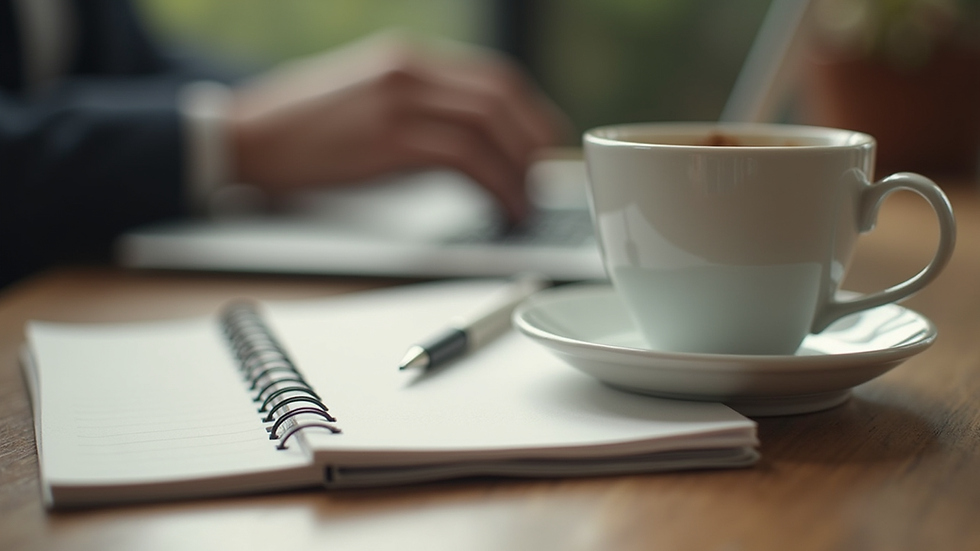 Eye-level view of a notepad with a pen and a cup of coffee