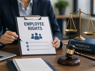 Professional reviewing workplace documents in a modern office with legal symbols, illustrating employment law and employee rights related to workplace protections, contracts, and fair treatment.