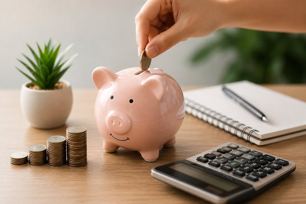 Piggy bank, calculator, notebook, and stacks of coins on a desk illustrating how to save money every month through budgeting and smart financial planning.