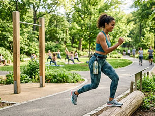 A joyful woman steps onto a log in a bustling green park, demonstrating her outdoor fitness routine with a water bottle at her hip, while a yoga class practices in the background.