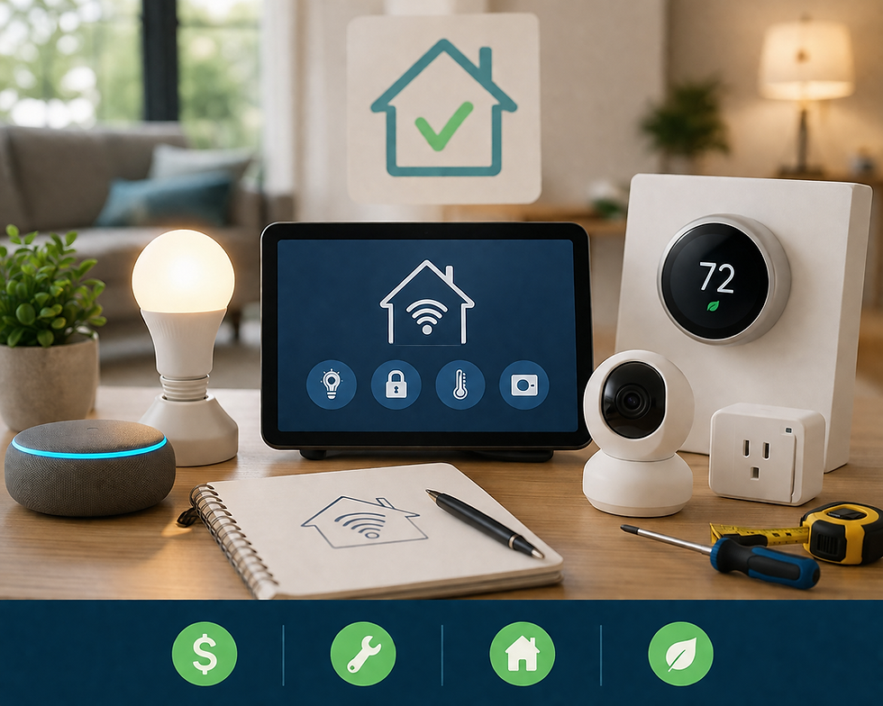 Affordable smart home upgrades including a smart display, smart light bulb, security camera, thermostat, smart speaker, and DIY tools in a modern living room.
