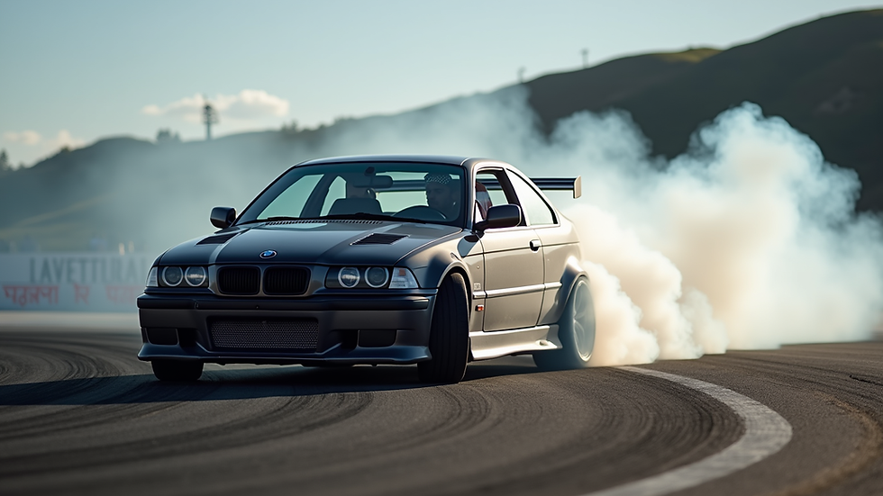 Close-up view of a drifting car tire smoke on the São Miguel track
