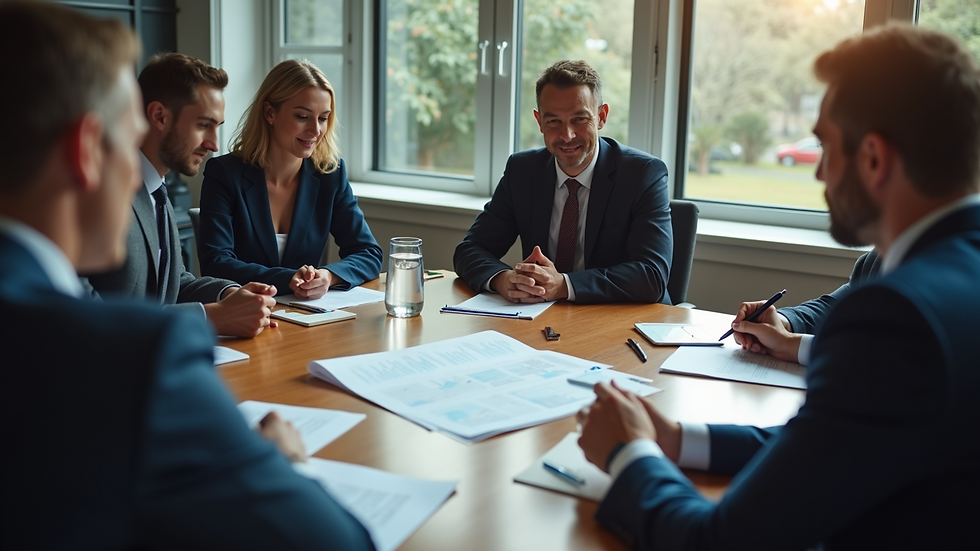 High angle view of business meeting discussing immigration plans