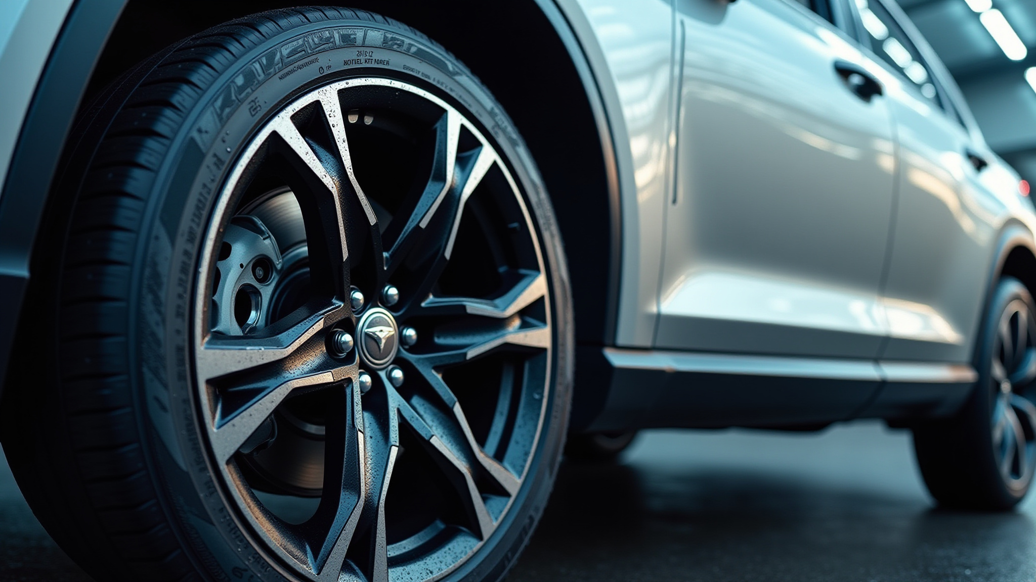 Close-up of a car tire and rim. Car detailing in Winnipeg.