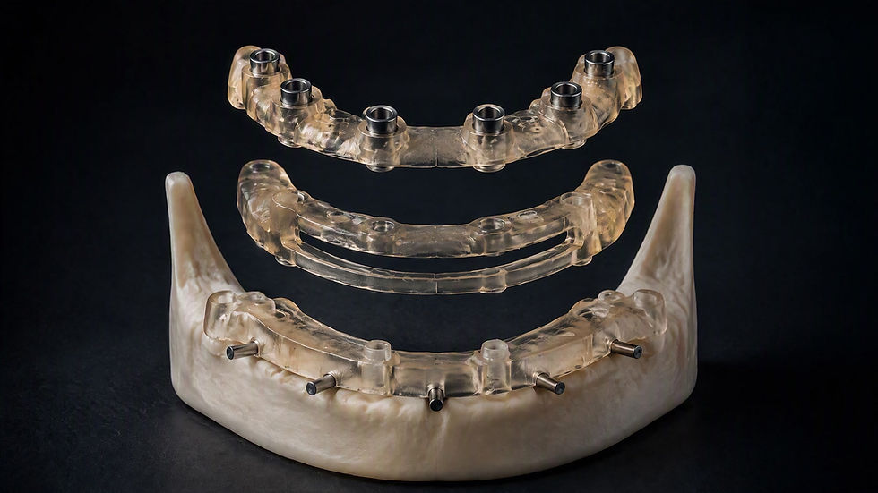Stackable surgical guides seated on a printed arch model at TrueGuide Dental