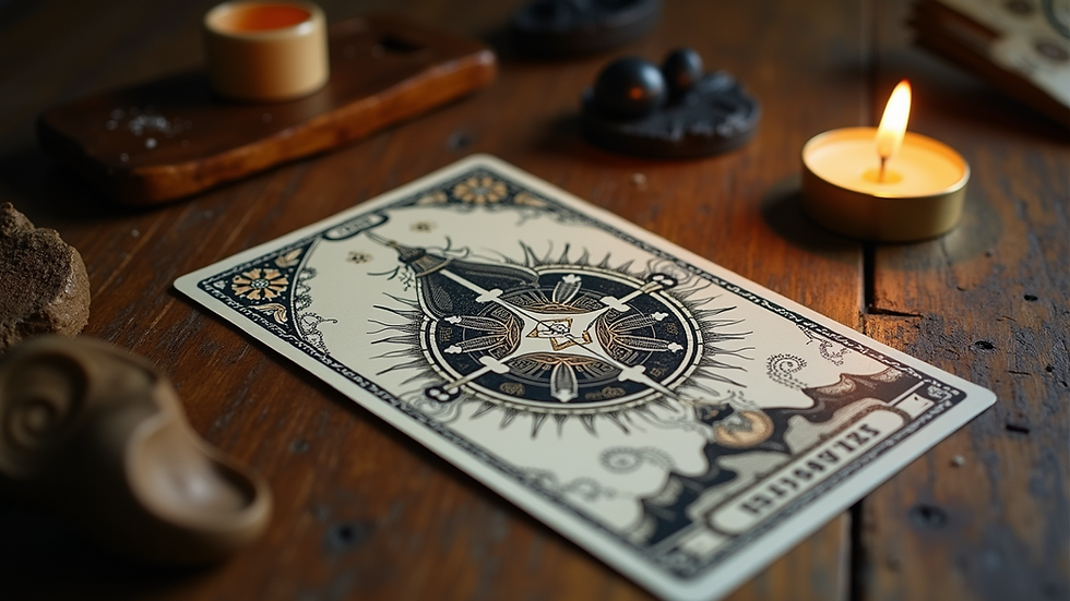 Eye-level view of a tarot card spread on a wooden table