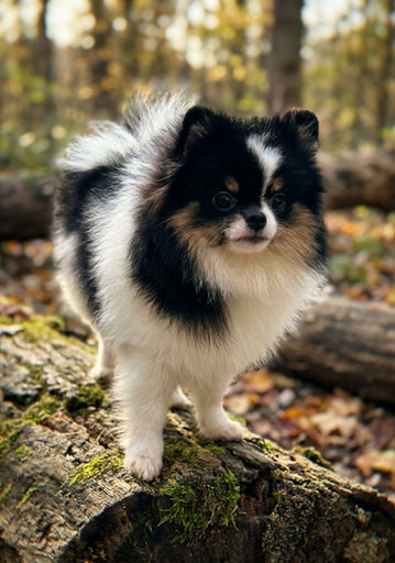 AKC tri-color Pomeranian Sky standing on a log in the forest looking fierce