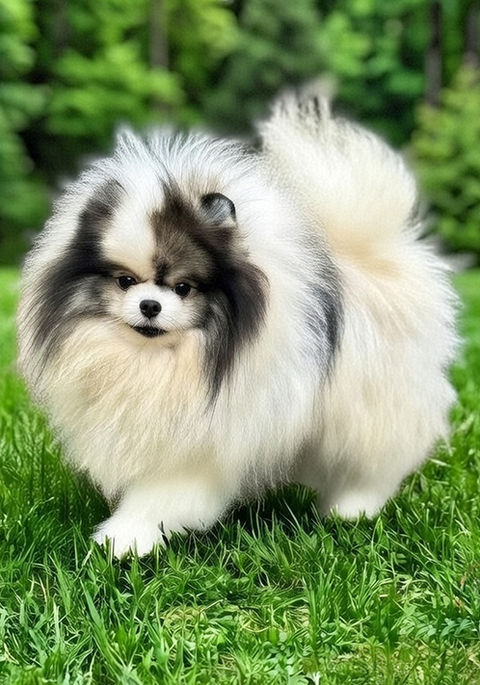 AKC wolf sable Pomeranian Tony playing happily in the yard