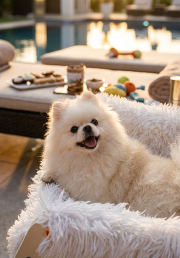 AKC cream wolf sable Pomeranian Ling Ling relaxing by the pool