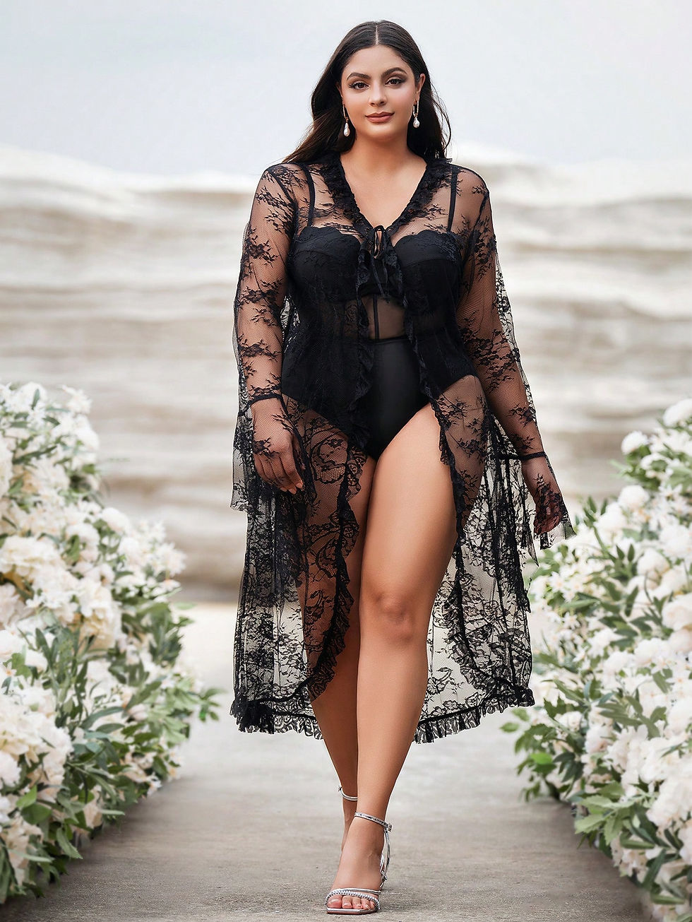 Thumbnail: Swim Goddess Plus Flare Sleeve Tie Front Lace Kimono