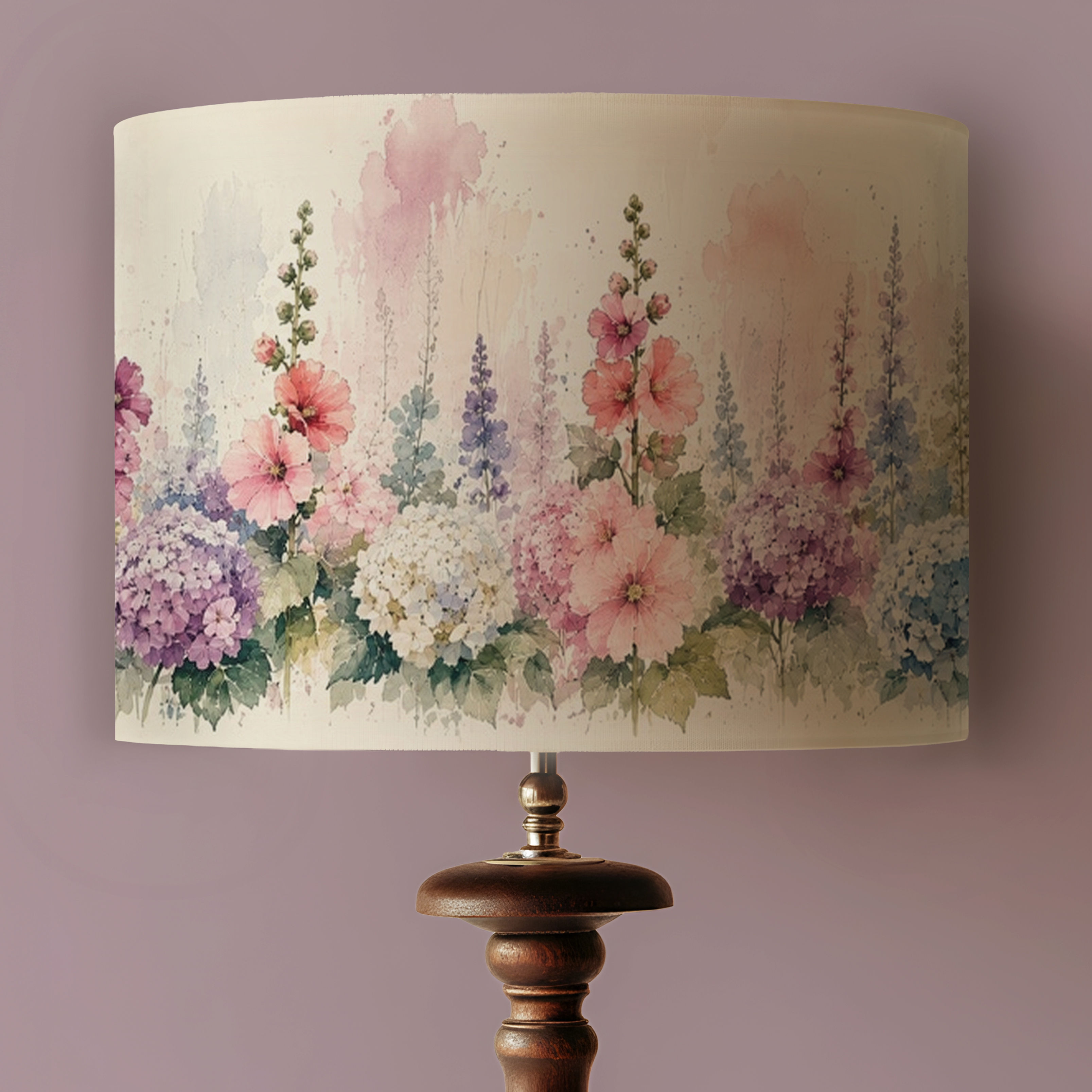 Handmade hollyhock and hydrangea lampshade with floral watercolour print