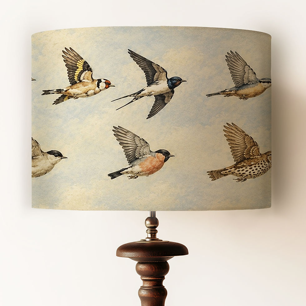 Thumbnail: Handmade British garden birds lampshade with flying bird print