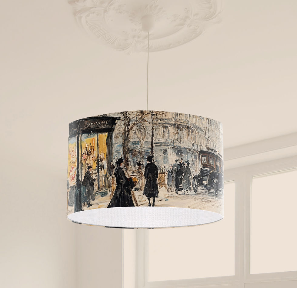 Parisian street scene drum lampshade handmade in England