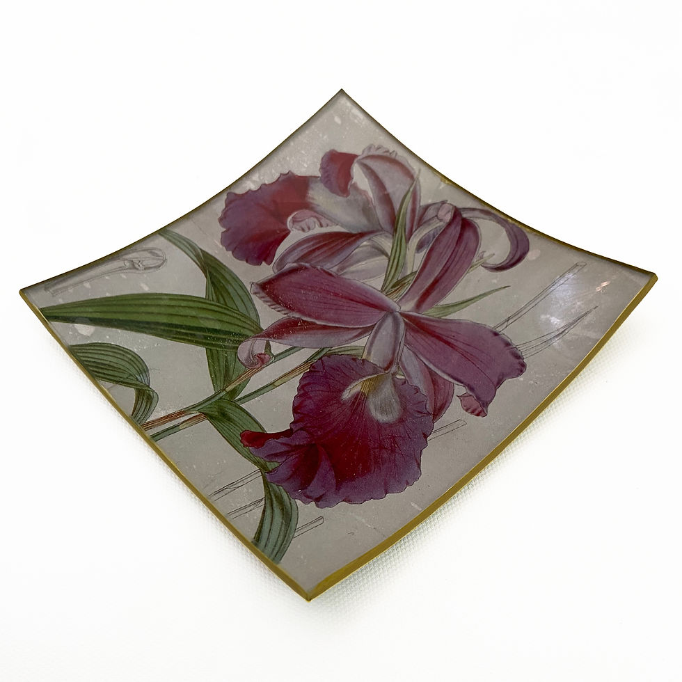 Handmade vintage orchid botanical decoupage glass tray