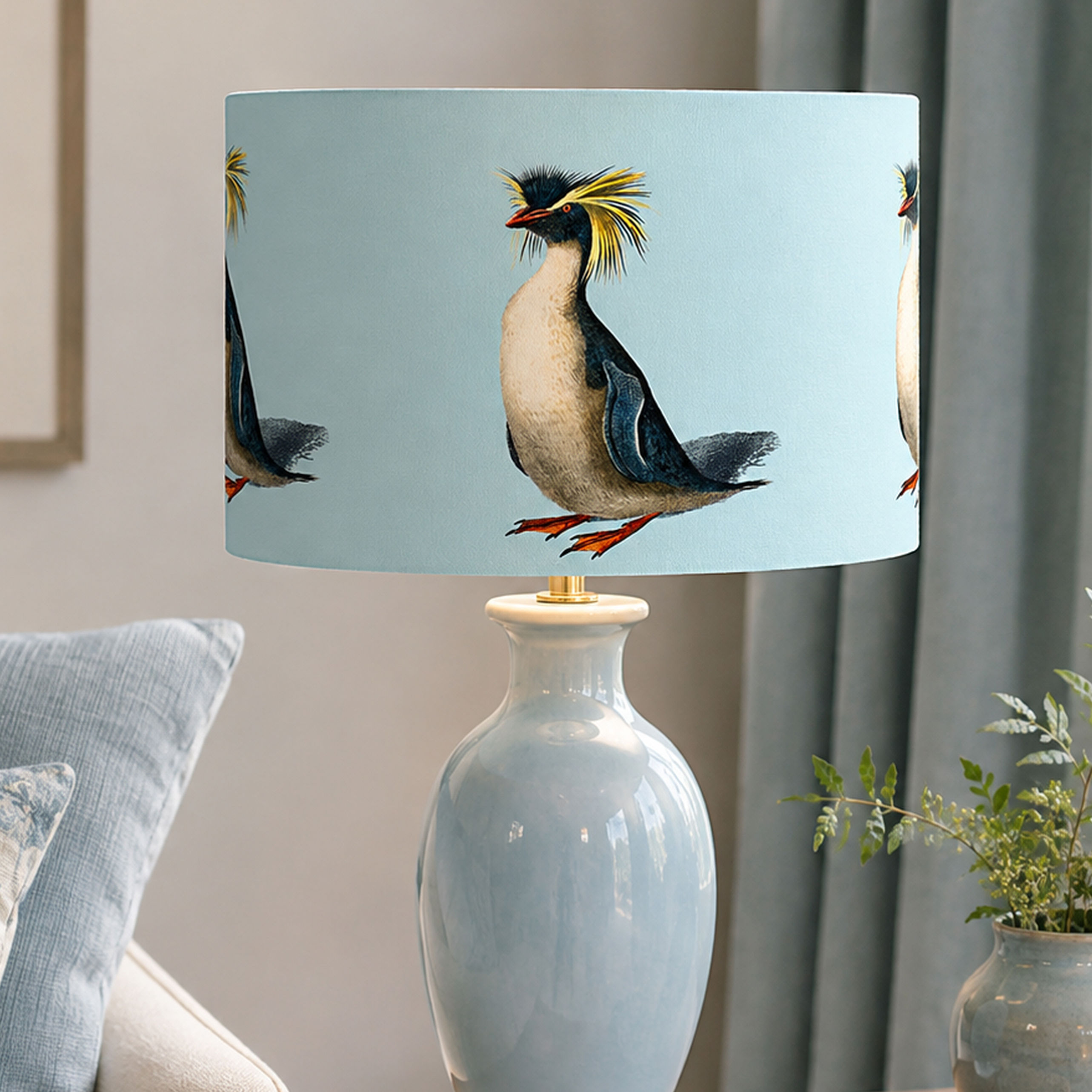 Handmade lampshade rockhopper penguin shade made in England
