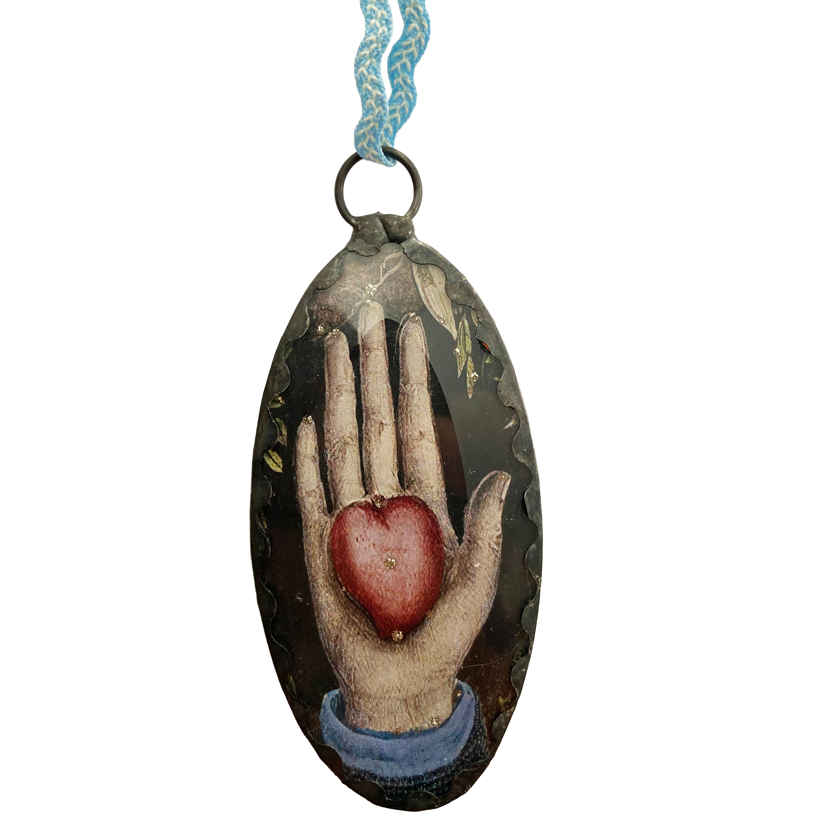 Heart in Hand oval hanging glass decoration with vintage artwork