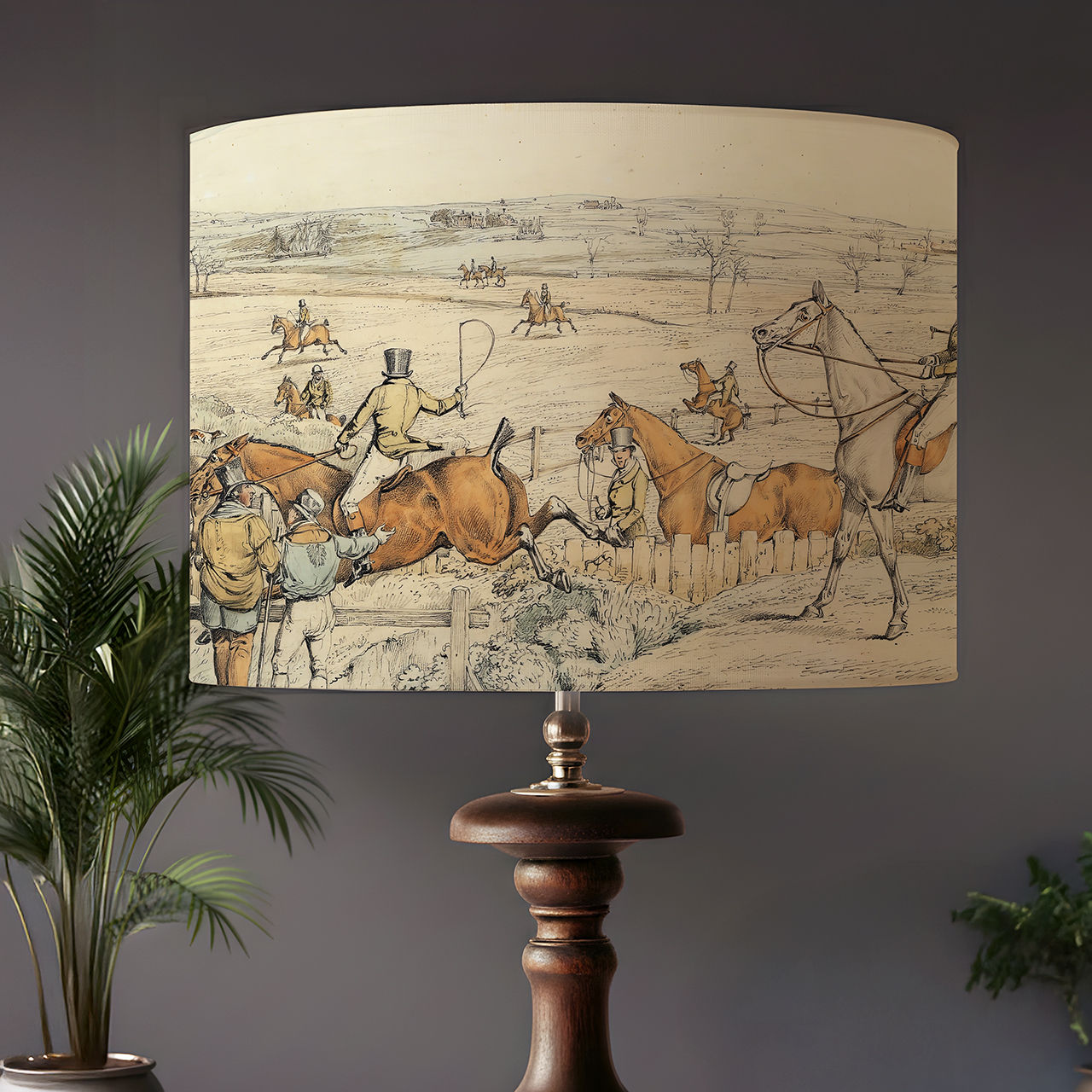 Handmade antique hunting lampshade with vintage sporting scene