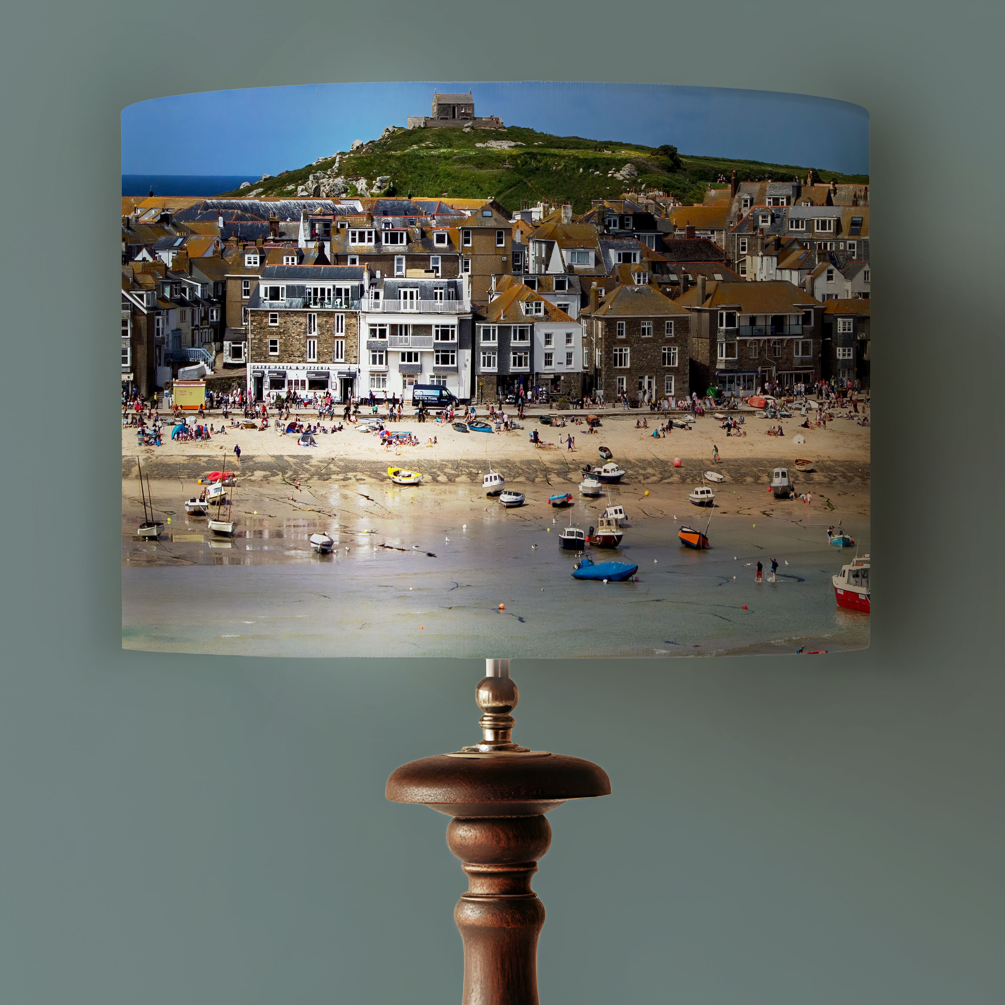 Handmade St Ives Harbour Beach lampshade with boats and waterfront