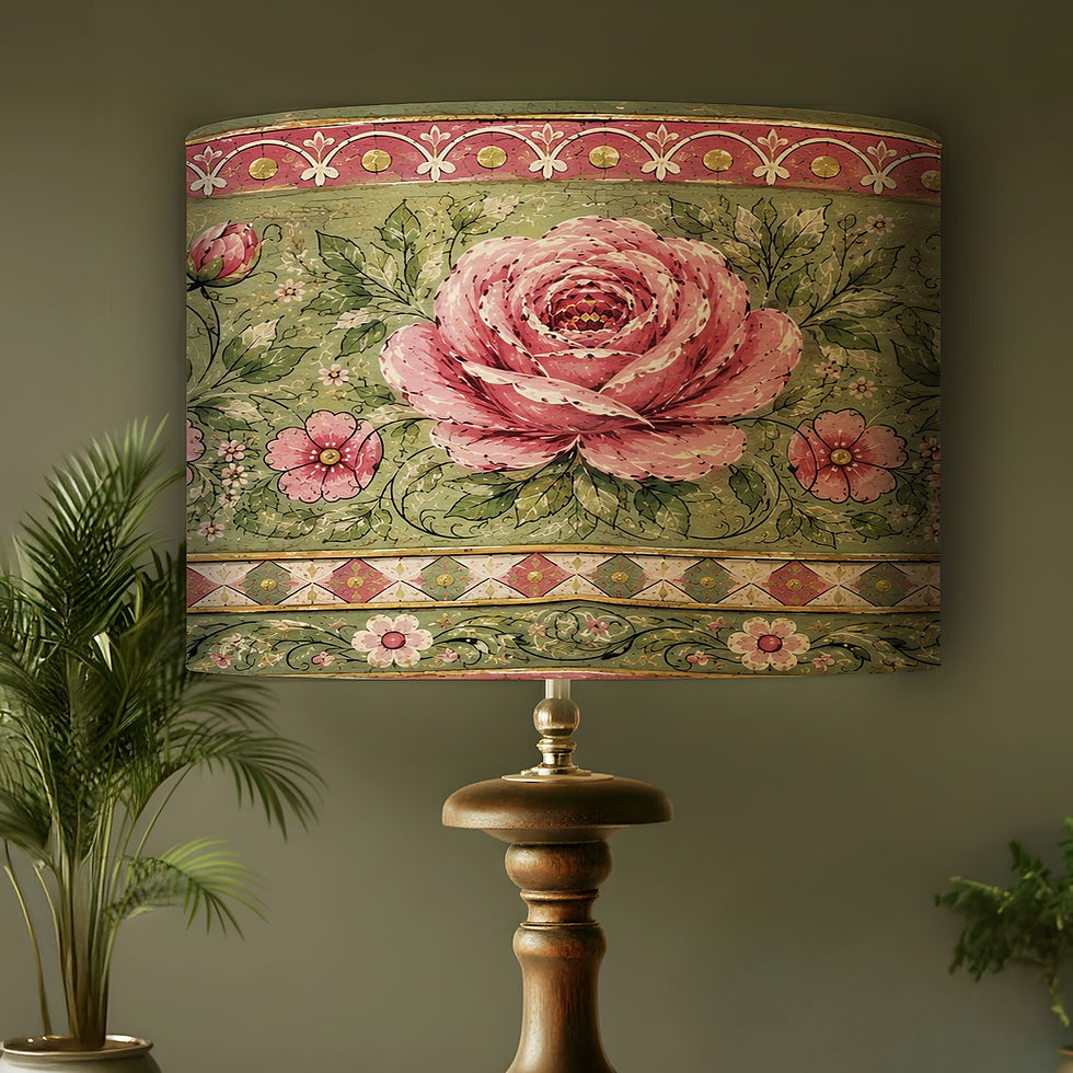 Handmade painted effect floral lampshade with pink rose and sage green