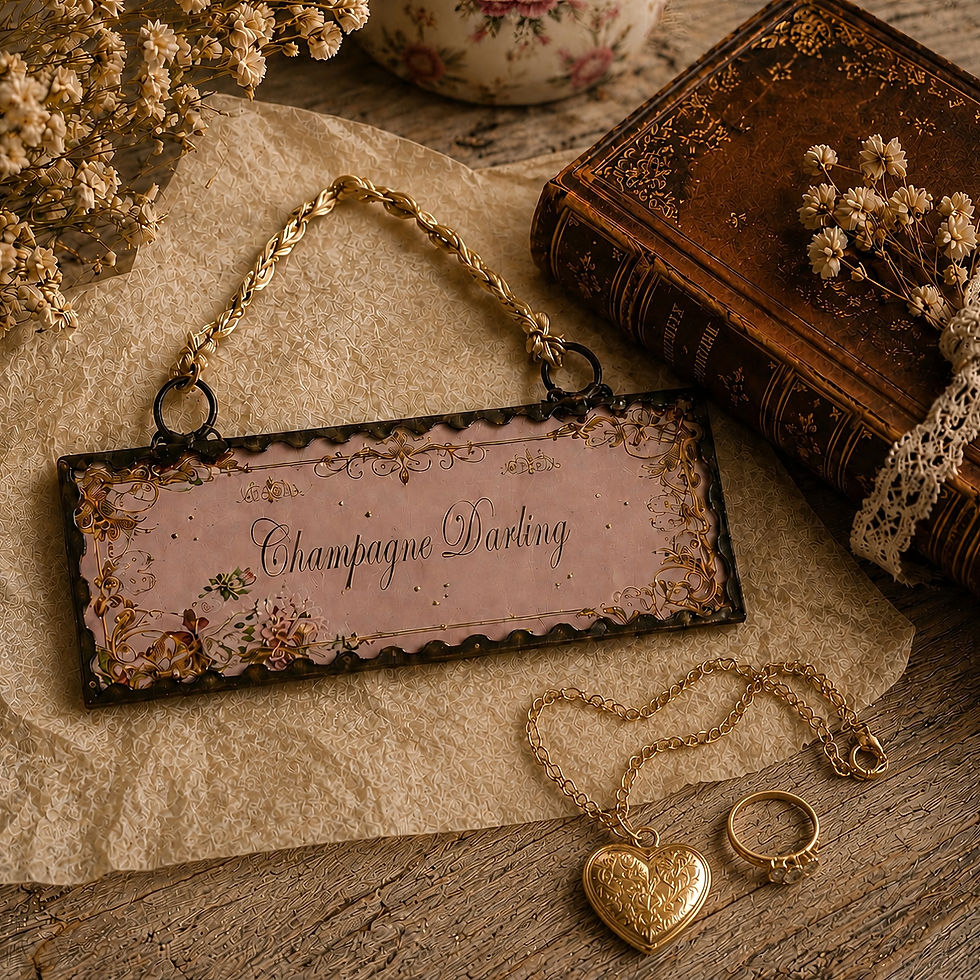 Thumbnail: Champagne Darling pink handmade glass sign displayed on vintage dressing table