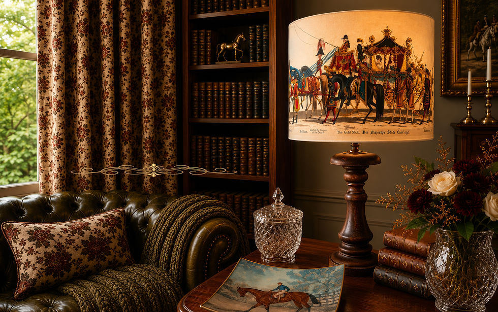 Handmade lampshades in an elegant British heritage living room.