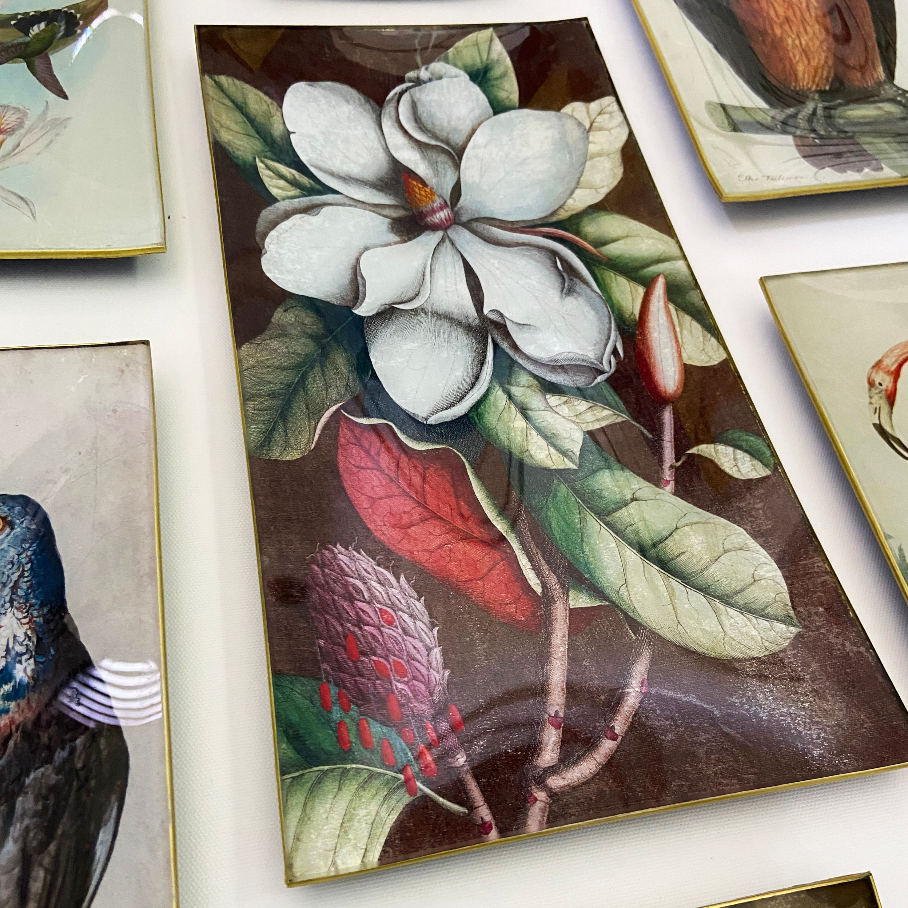 Handmade magnolia glass tray with vintage botanical artwork