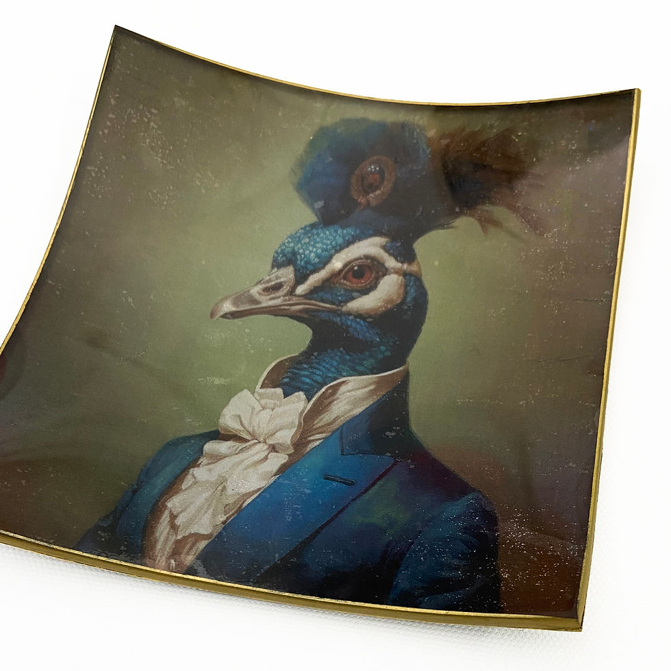 Handmade vintage peacock decoupage glass tray