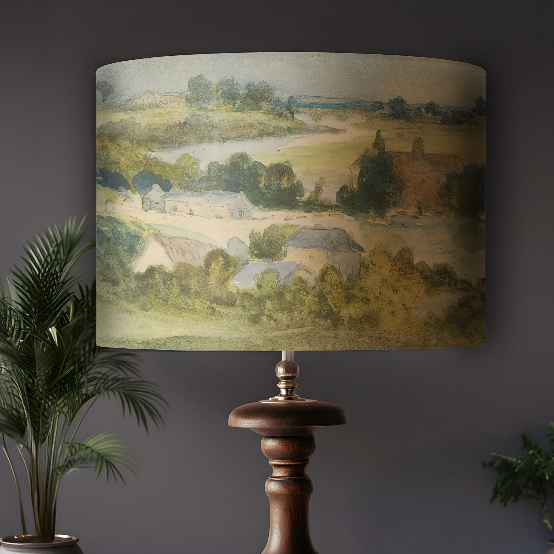 Handmade watercolour countryside lampshade with cottages and rural landscape