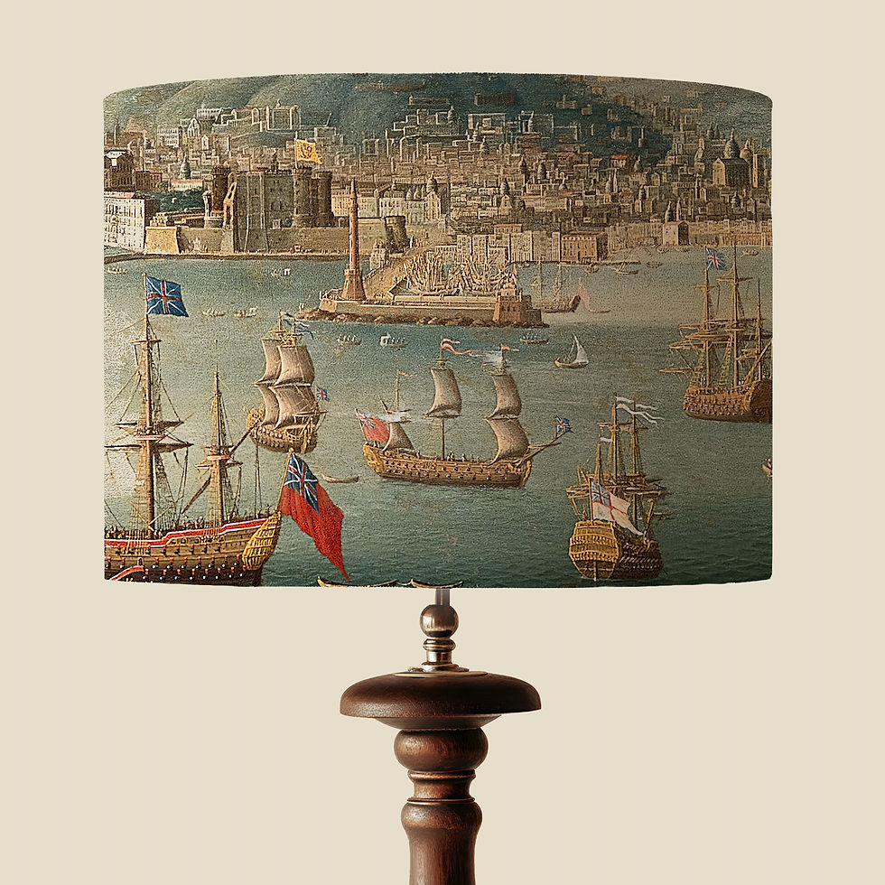 Handmade antique sailing ship lampshade with historic harbour scene