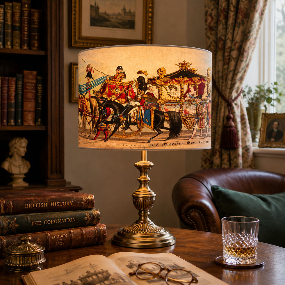 Handmade in England Royal Coronation carriage lampshade with antique royal print