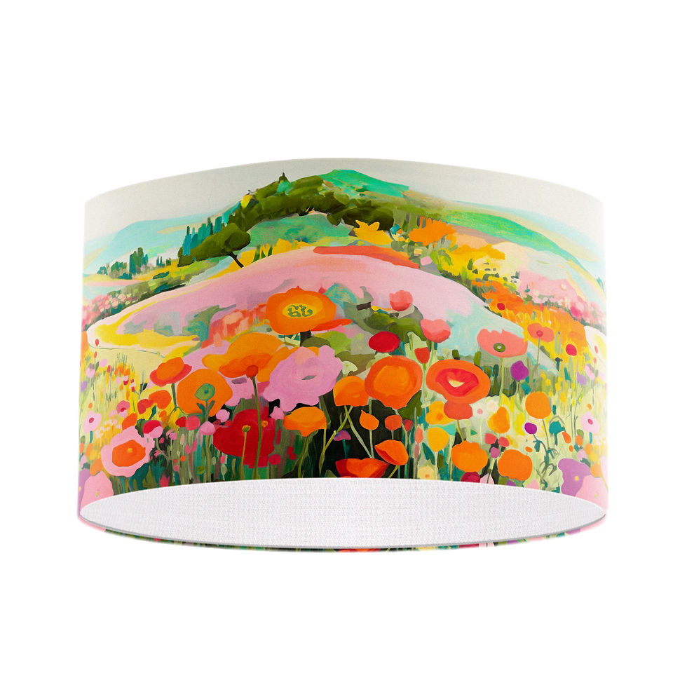 Thumbnail: Colourful countryside lampshade with rolling hills and flowers