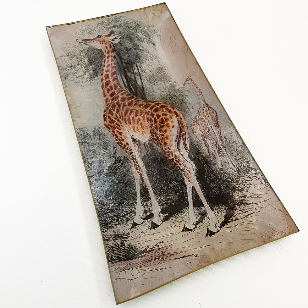 Handmade vintage giraffe glass tray with antique wildlife artwork