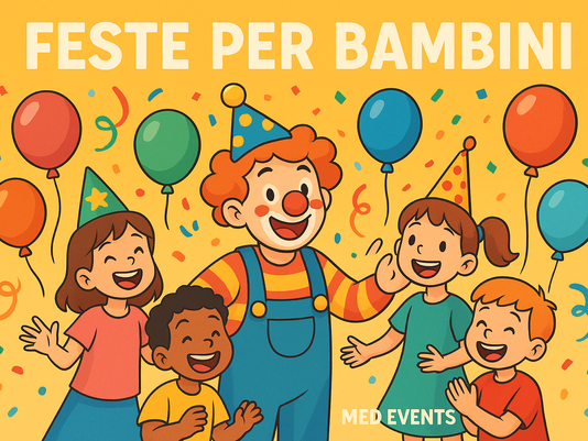 “Bambini e adulti che si divertono durante una festa colorata, con palloncini e decorazioni festive, simbolo dei servizi di animazione e organizzazione eventi di Med Events a Torino e in Piemonte.”