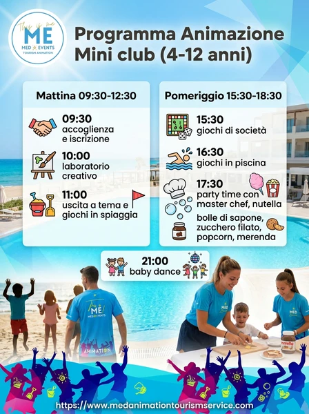 rogramma di animazione turistica con attività sportive, mini club e spettacoli serali in hotel e villaggi turistici