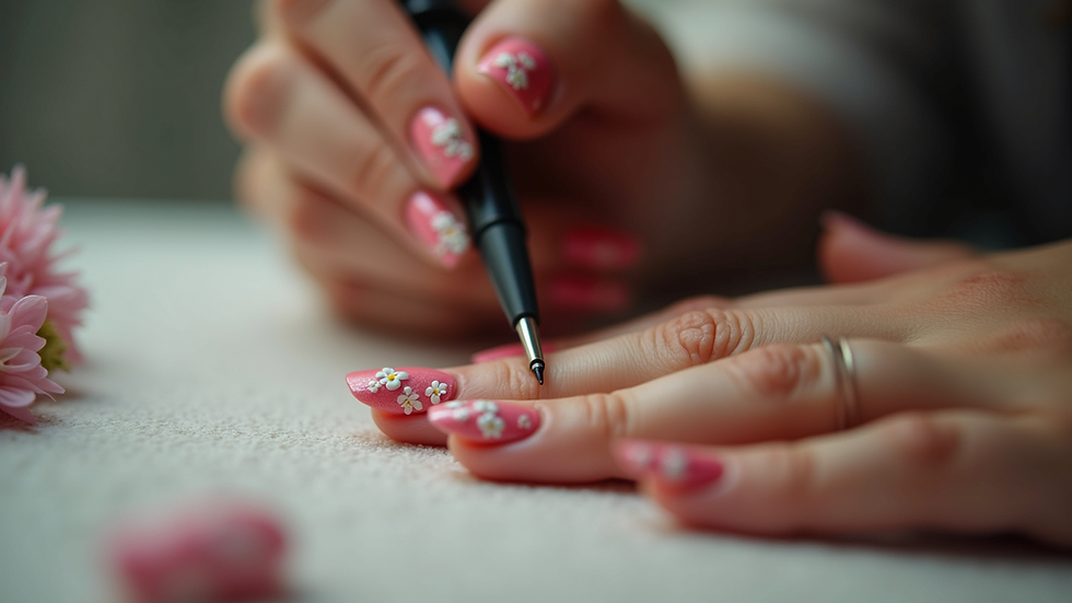 Close-up view of a nail artist applying intricate floral design on nails