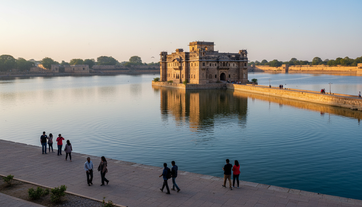 Eye-level view of Lakhota Lake in Jamnagar with calm water and heritage architecture