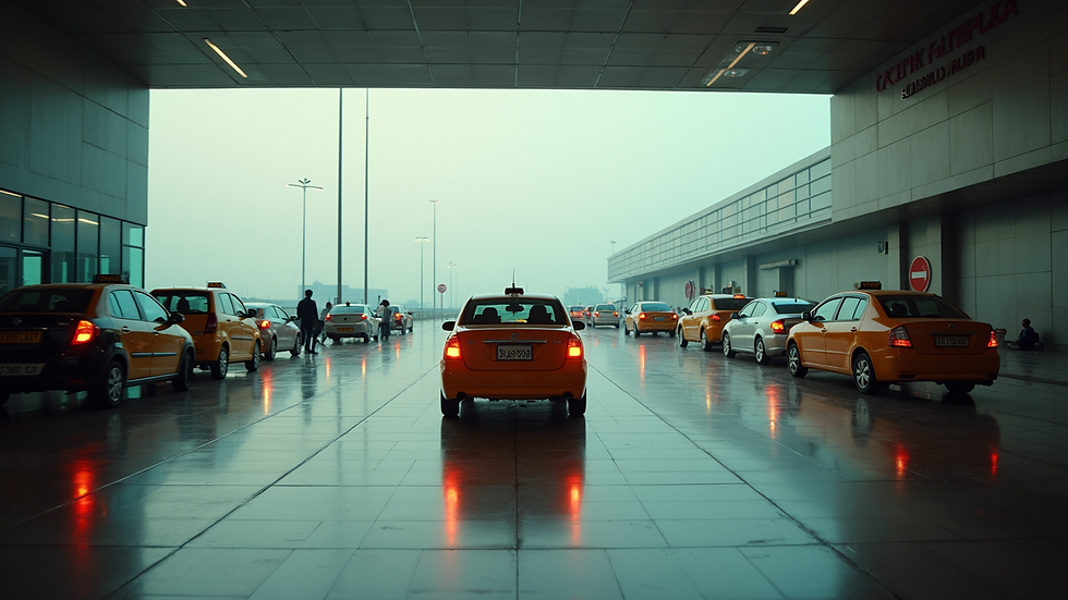 Wide angle view of a taxi waiting outside Ahmedabad airport