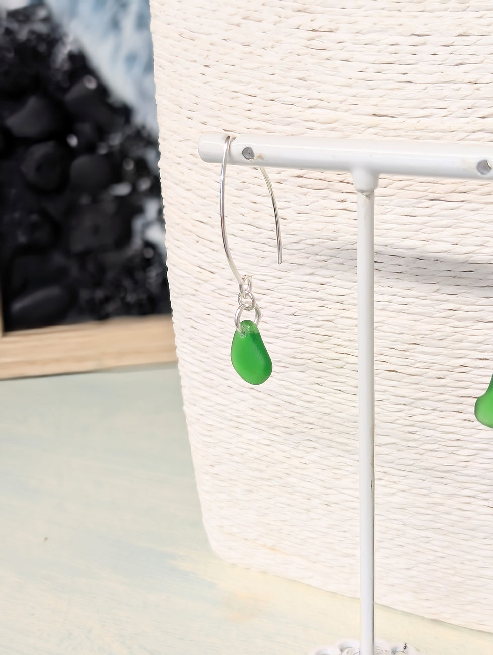 Thumbnail: Sterling Silver Arch Drop Earrings with Green Suffolk Sea Glass