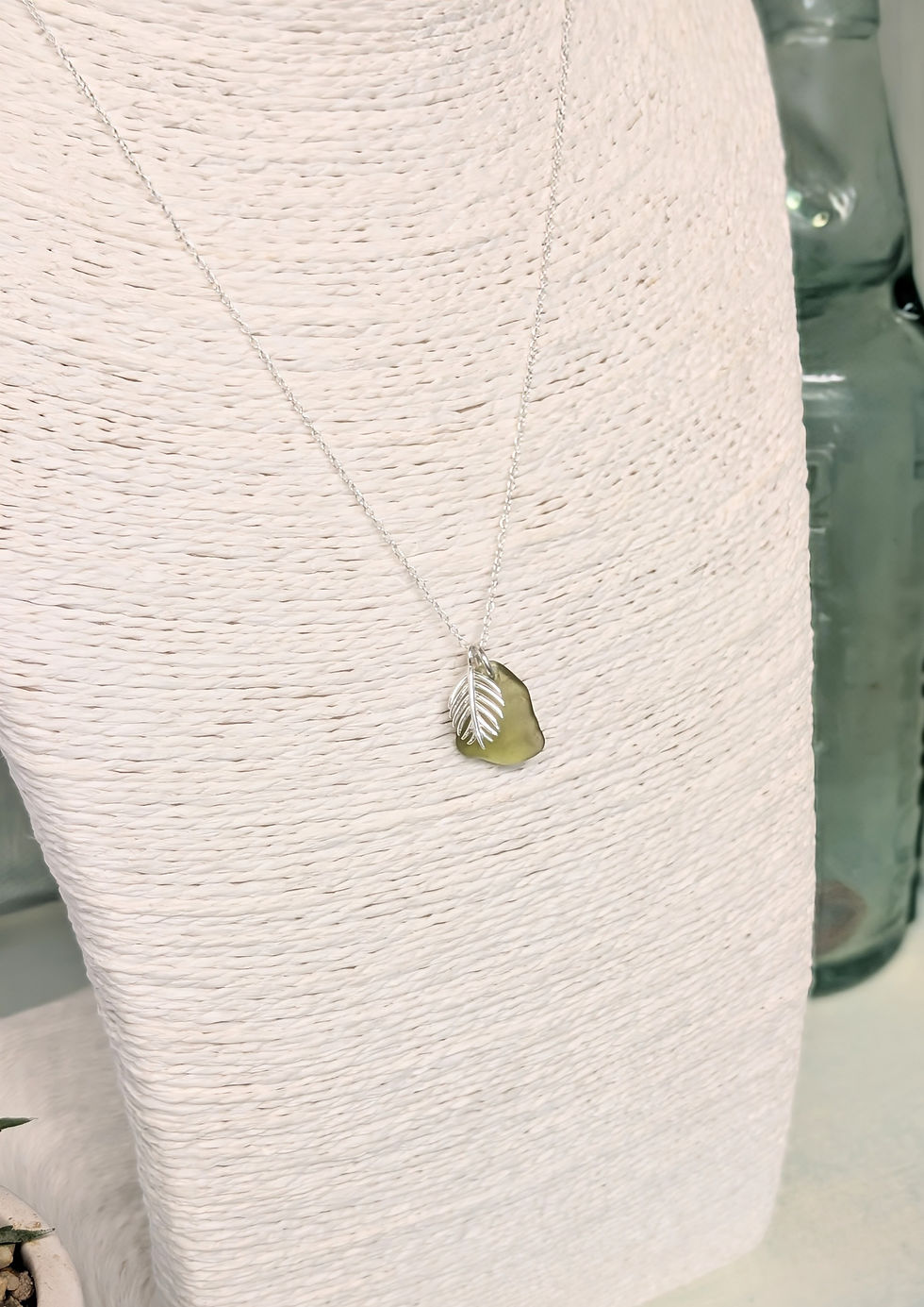 Thumbnail: Sterling Silver Fern Leaf Charm Necklace with Olive Green Sea Glass