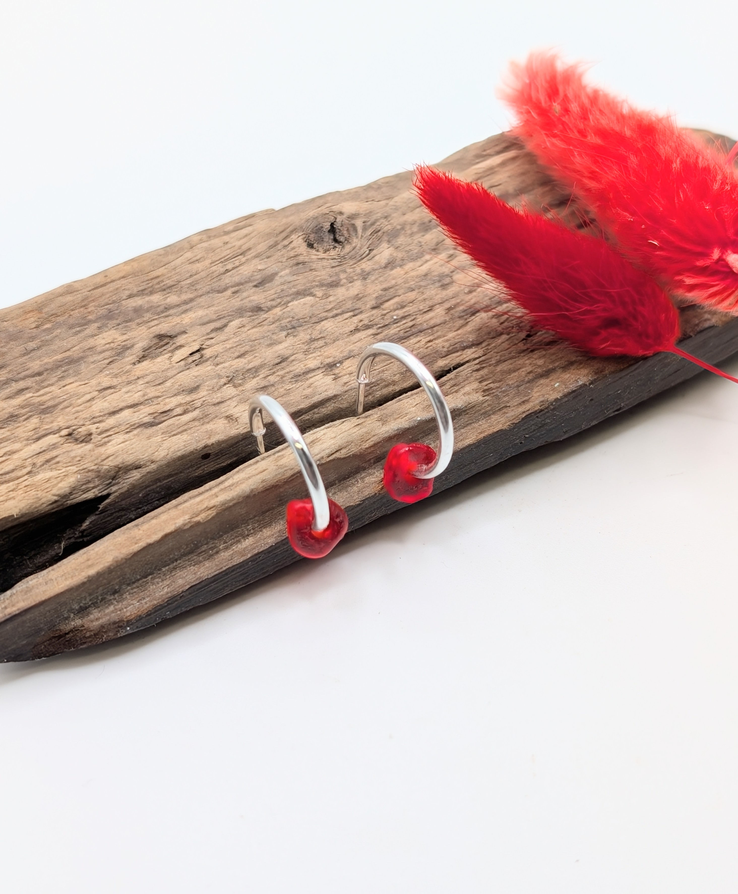 Sterling Silver 3/4 Hoop Earrings with Rare Red Seaham Sea Glass