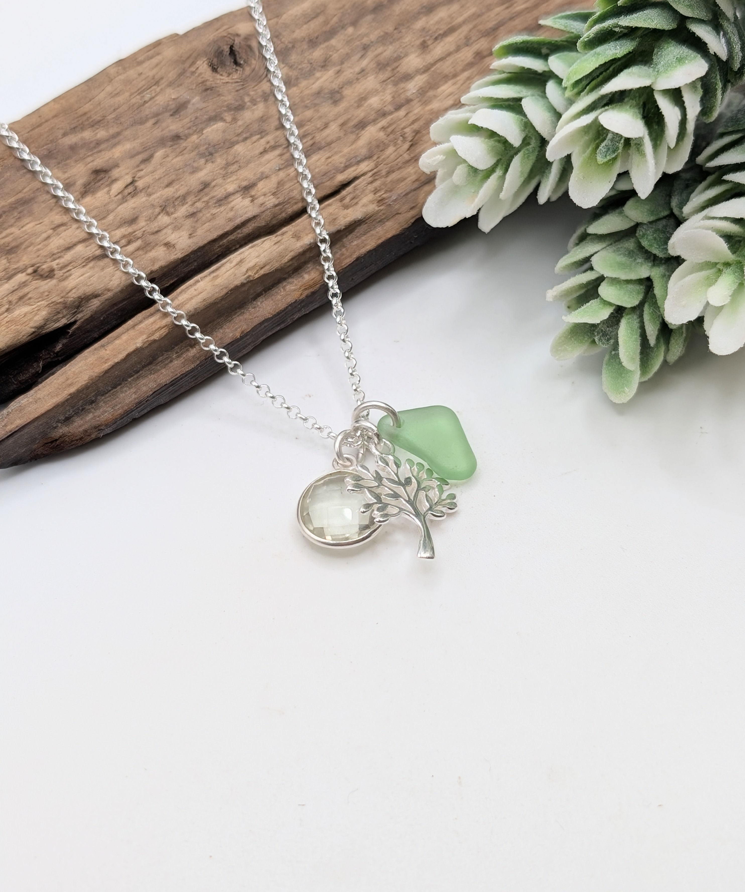 Sterling Silver Tree of Life Charm Necklace with Green Sea Glass & Amethyst