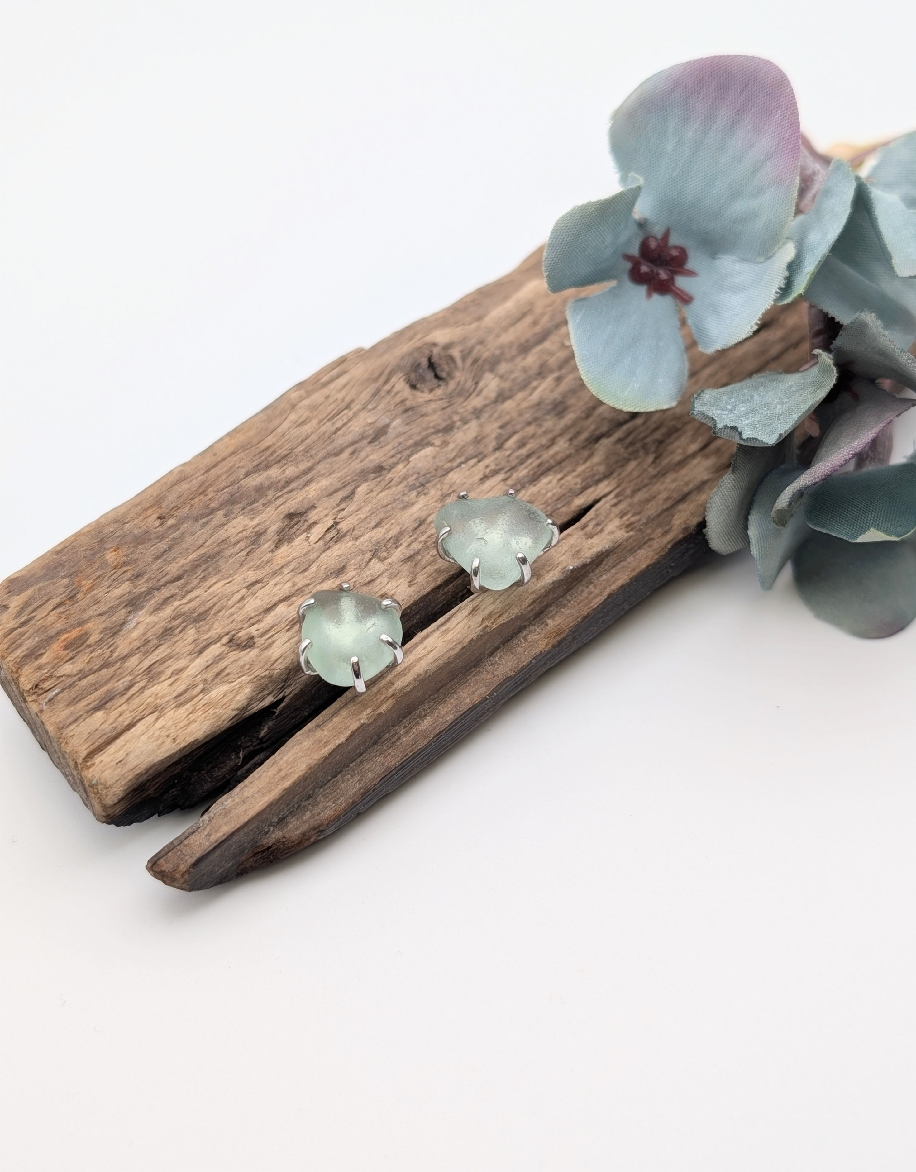 Sterling Silver Claw Set Stud Earrings with Seafoam Seaham Sea Glass