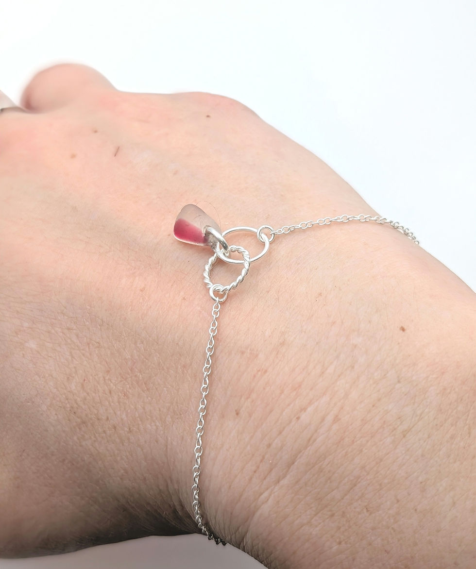 Thumbnail: Sterling Silver Rope Ring Bracelet with Rare Pink Sea Glass